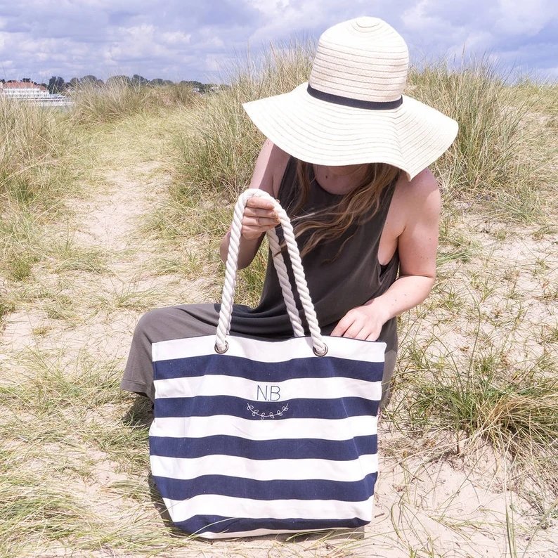 Hot Selling Custom Beach Bag Personalized Wide Stripe Shoulder Bags Beach Canvas Cotton Rope Storage Shopping Bag