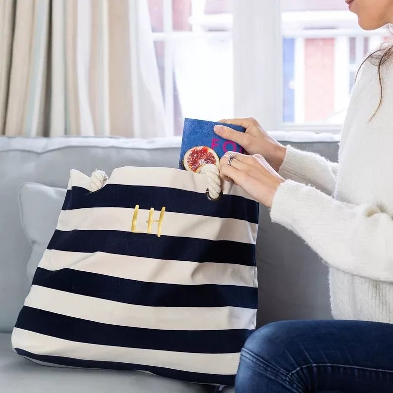 Hot Selling Custom Beach Bag Personalized Wide Stripe Shoulder Bags Beach Canvas Cotton Rope Storage Shopping Bag