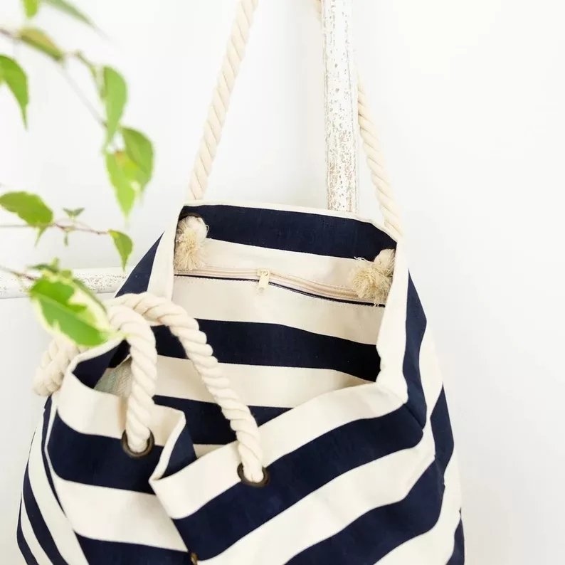 Hot Selling Custom Beach Bag Personalized Wide Stripe Shoulder Bags Beach Canvas Cotton Rope Storage Shopping Bag