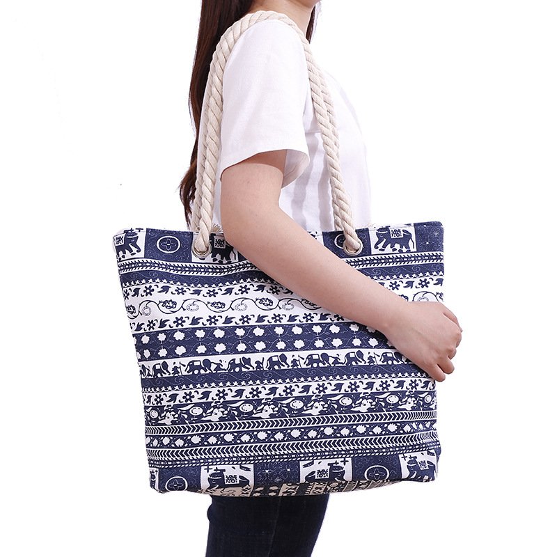 Elephant Printed Boho Beach Bags With Cotton Rope Handle Large Capacity Canvas Shopping Bag Casual Handbags Wholesale