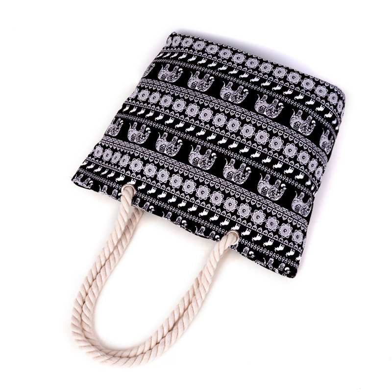 Elephant Printed Boho Beach Bags With Cotton Rope Handle Large Capacity Canvas Shopping Bag Casual Handbags Wholesale