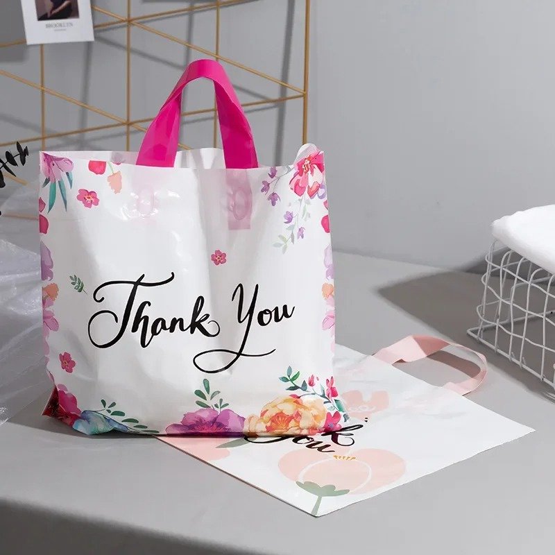 Custom in stock PE thank you shopping bag plastic bag with own logo gift plastic Shopping Bags With Handles