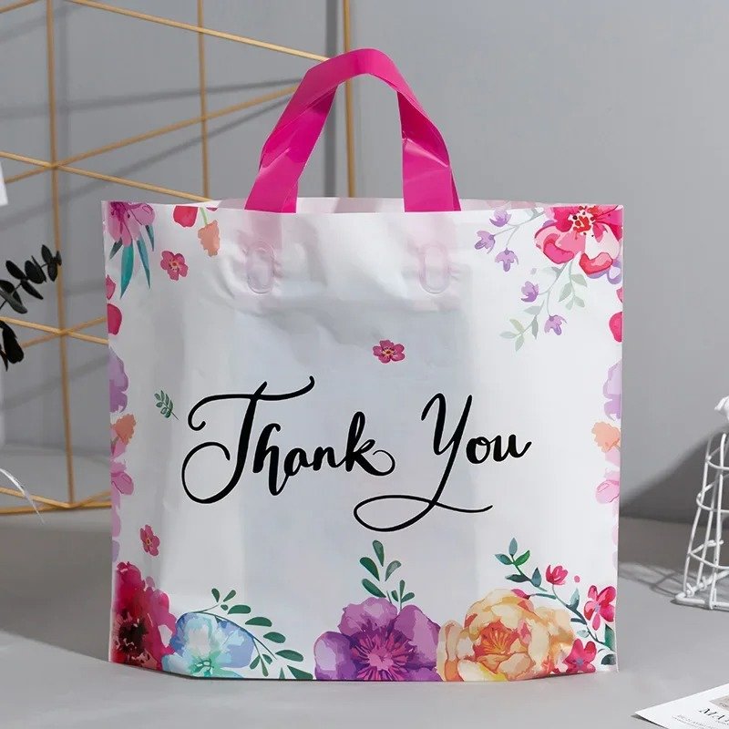 Custom in stock PE thank you shopping bag plastic bag with own logo gift plastic Shopping Bags With Handles