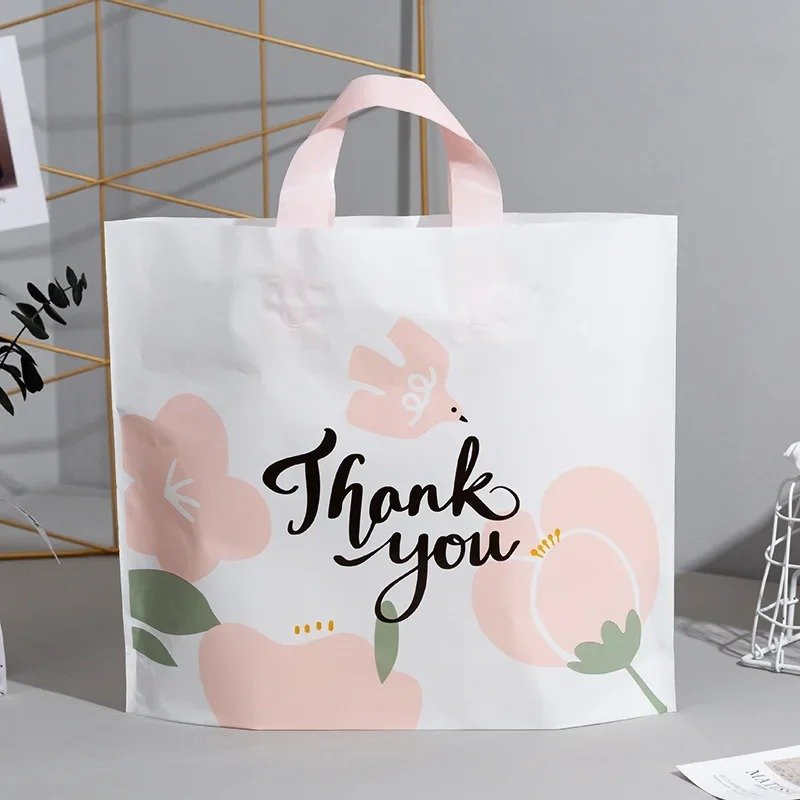 Custom in stock PE thank you shopping bag plastic bag with own logo gift plastic Shopping Bags With Handles