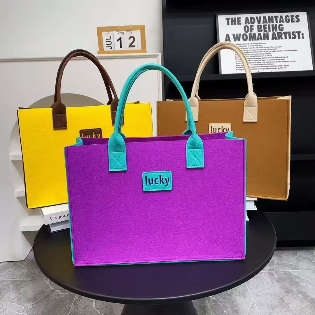 Wholesale Hot Selling Custom Color High-capacity Color Block Felt Tote Bag Gift Shopping Bag For Traveling