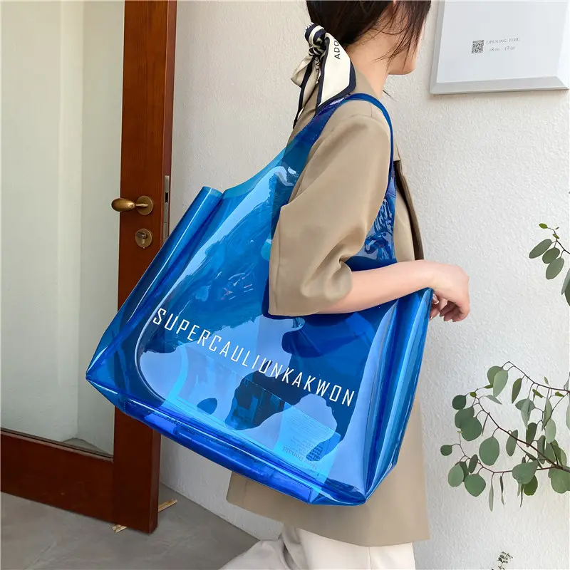 Custom Holographic PVC Shopping Clear Tote Bag Transparent Beach Shopping Bag with Thick Handle