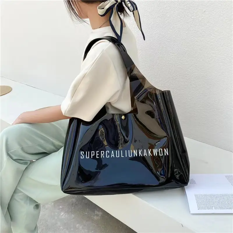 Custom Holographic PVC Shopping Clear Tote Bag Transparent Beach Shopping Bag with Thick Handle
