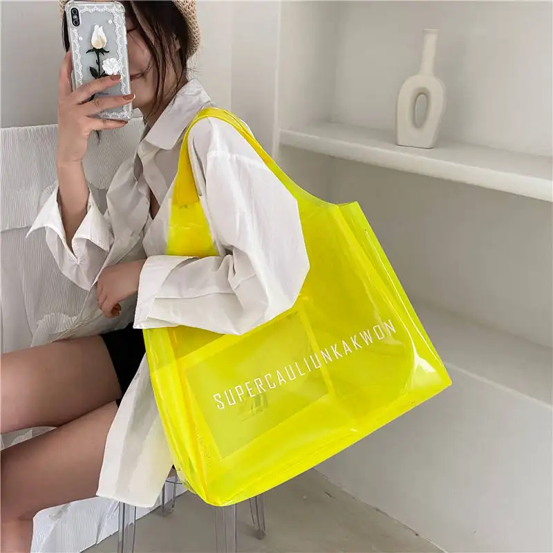 Custom Holographic PVC Shopping Clear Tote Bag Transparent Beach Shopping Bag with Thick Handle