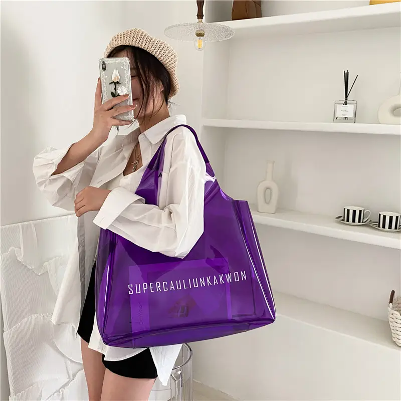 Custom Holographic PVC Shopping Clear Tote Bag Transparent Beach Shopping Bag with Thick Handle