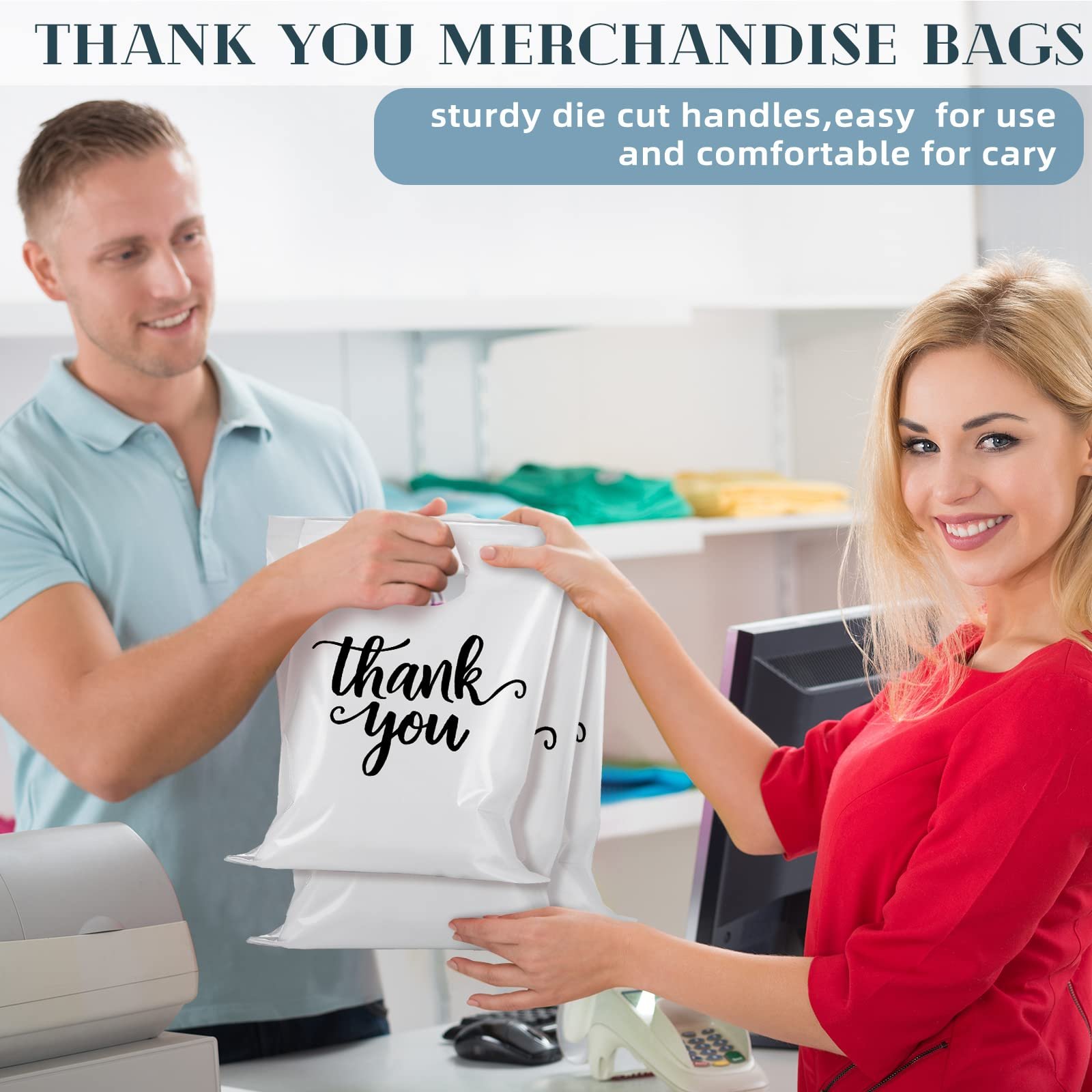 Plastic Bags for Business Small Merchandise Shopping Bags Retail Die Cut Handle Bags