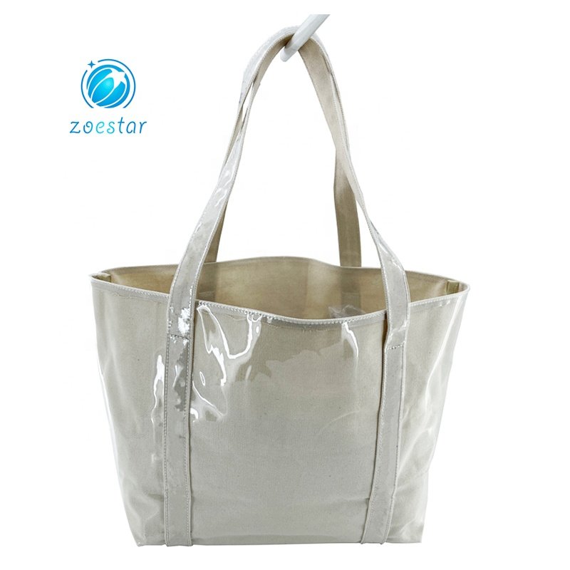 Special Design Canvas Shopping Bag with Full Transparent PVC Covering Supermarket Storage Bag Women Beach Tote Bag