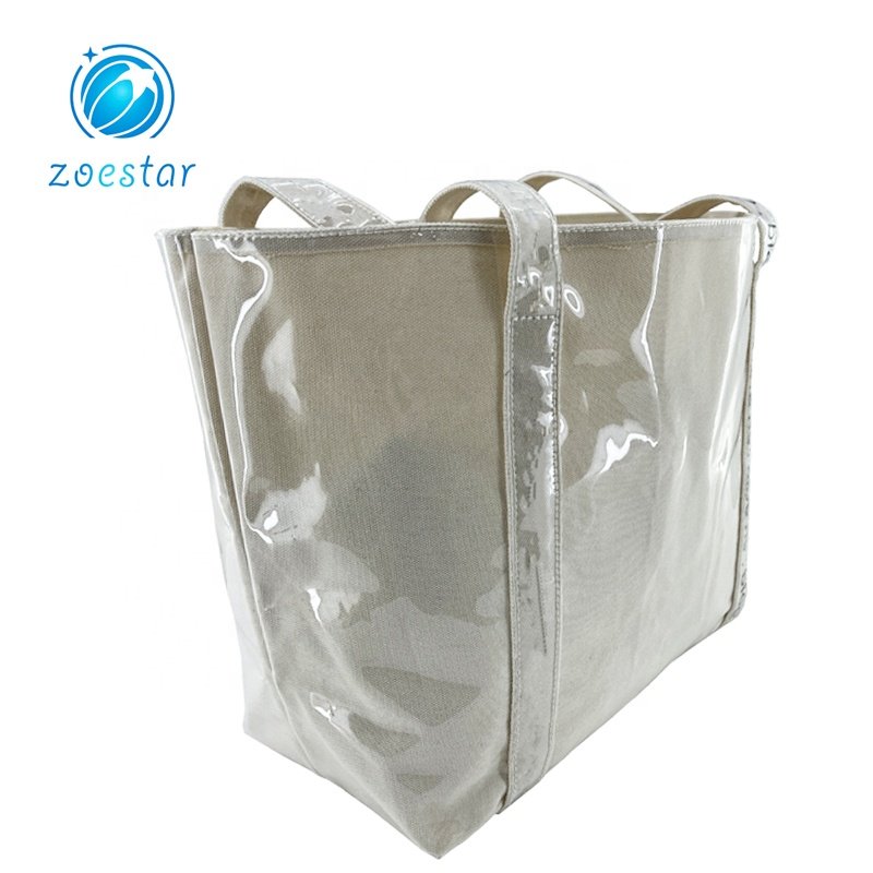 Special Design Canvas Shopping Bag with Full Transparent PVC Covering Supermarket Storage Bag Women Beach Tote Bag