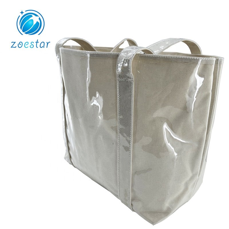 Special Design Canvas Shopping Bag with Full Transparent PVC Covering Supermarket Storage Bag Women Beach Tote Bag