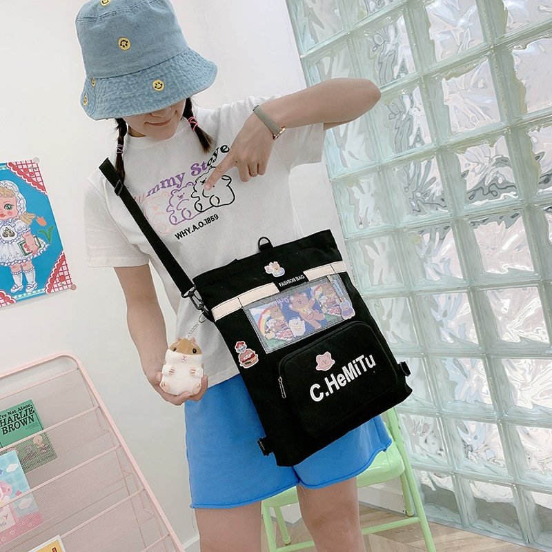 Front Zipper Mesh Pocket Ladies Study School Daily Life Messenger Crossbody Tote Sling Reusable Cotton Shopping Bag Without Toy