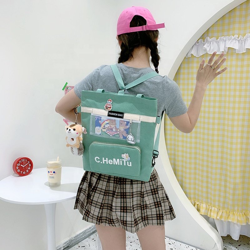 Front Zipper Mesh Pocket Ladies Study School Daily Life Messenger Crossbody Tote Sling Reusable Cotton Shopping Bag Without Toy