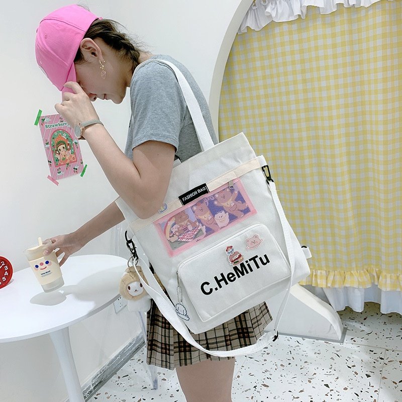Front Zipper Mesh Pocket Ladies Study School Daily Life Messenger Crossbody Tote Sling Reusable Cotton Shopping Bag Without Toy