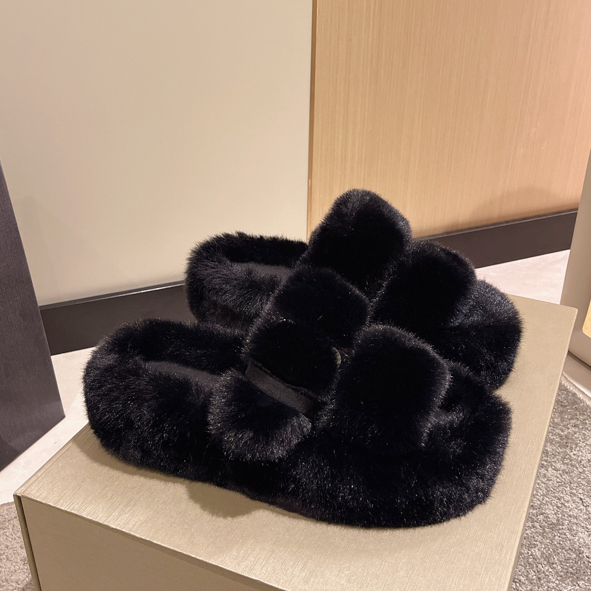 Winter Home Fur Slippers Wholesale Cheap Women Buckle Slides 4.8Cm Platform Outdoors Ladies Sandals
