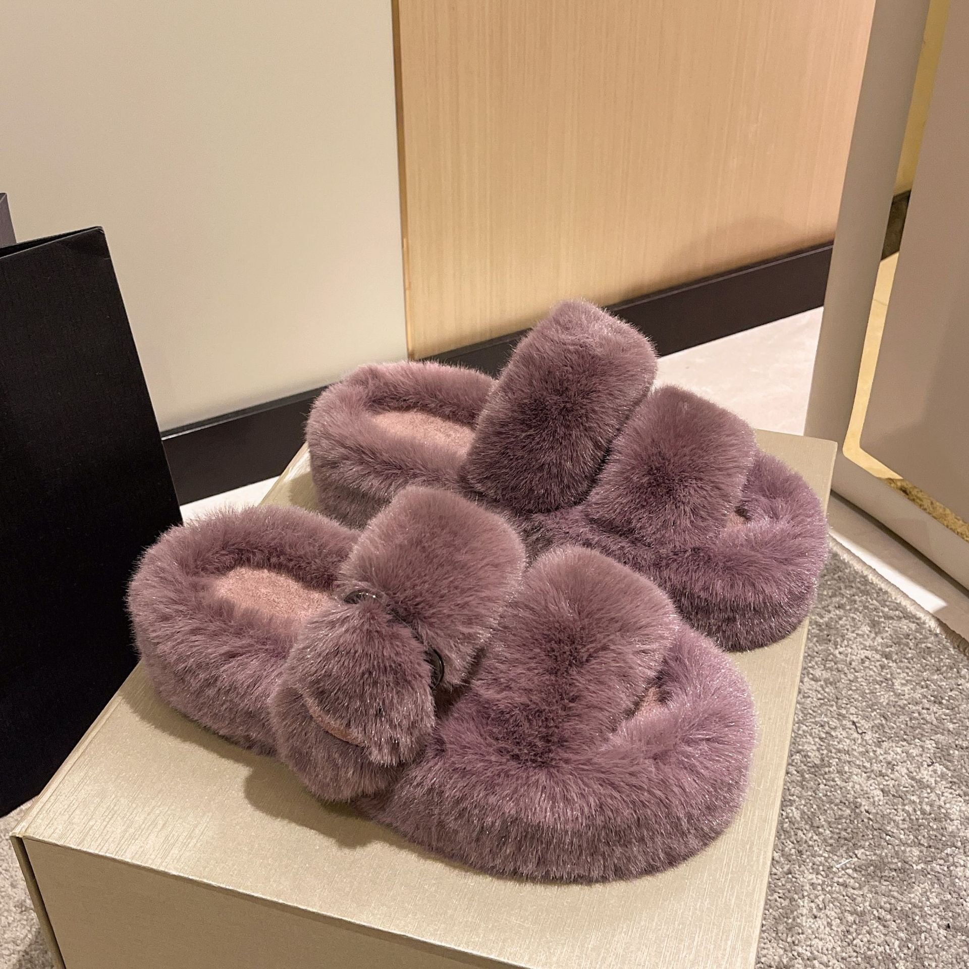 Winter Home Fur Slippers Wholesale Cheap Women Buckle Slides 4.8Cm Platform Outdoors Ladies Sandals