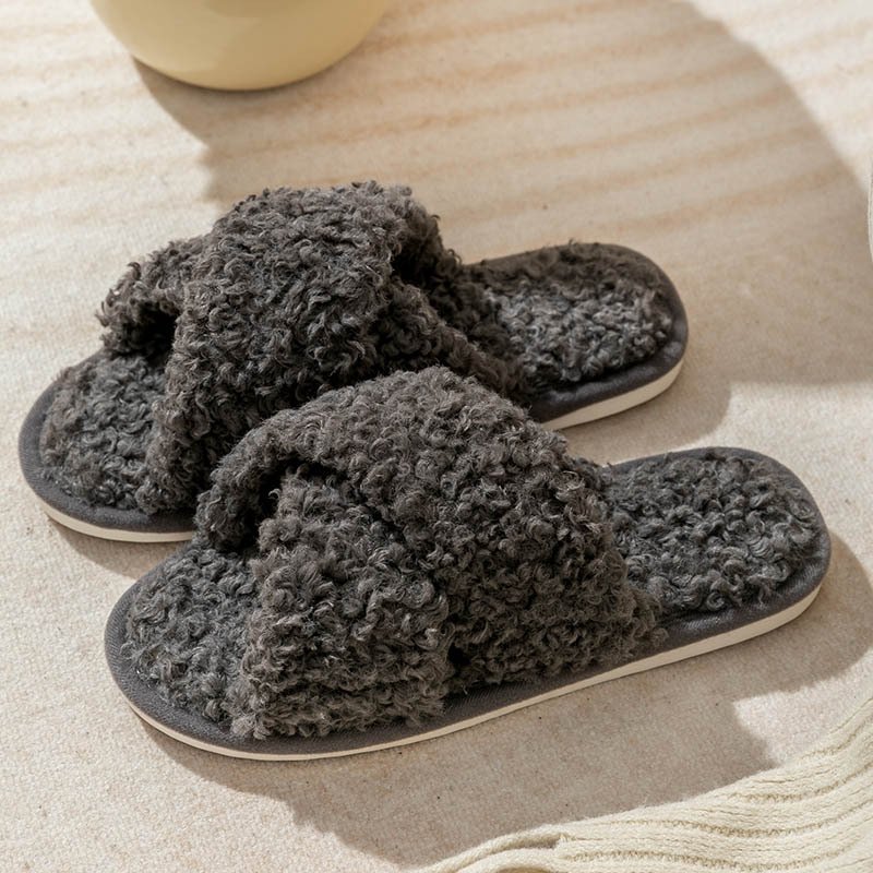 2023 Soft and Cozy Fur Women's Home Slippers Cross Non-slip Slides Slippers Indoor Outdoor open toe Cross band Teddy