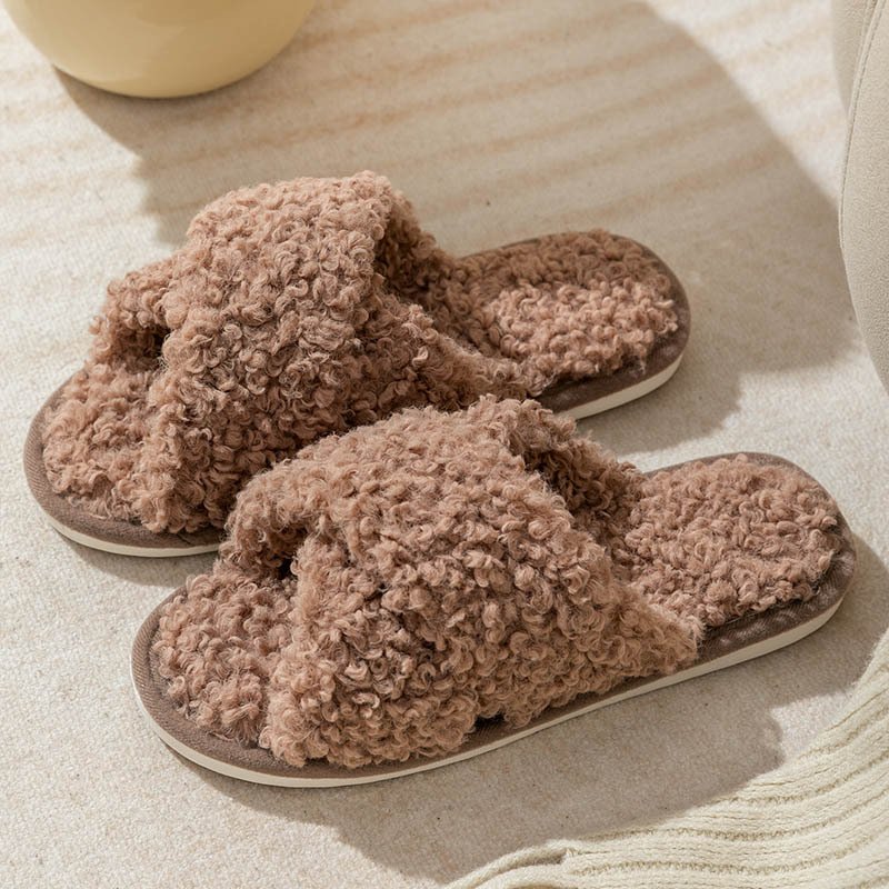 2023 Soft and Cozy Fur Women's Home Slippers Cross Non-slip Slides Slippers Indoor Outdoor open toe Cross band Teddy