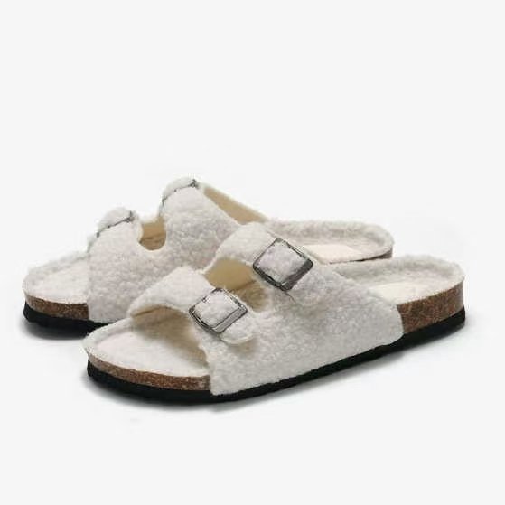 Custom Fashion Luxury Women's Suede Cork Fur Buckle Casual Clogs; Anti-slip Comfortable Slides Slippers Beach Sandals for Women