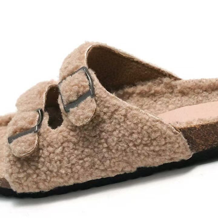Custom Fashion Luxury Women's Suede Cork Fur Buckle Casual Clogs; Anti-slip Comfortable Slides Slippers Beach Sandals for Women