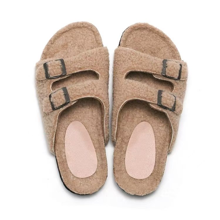 Custom Fashion Luxury Women's Suede Cork Fur Buckle Casual Clogs; Anti-slip Comfortable Slides Slippers Beach Sandals for Women