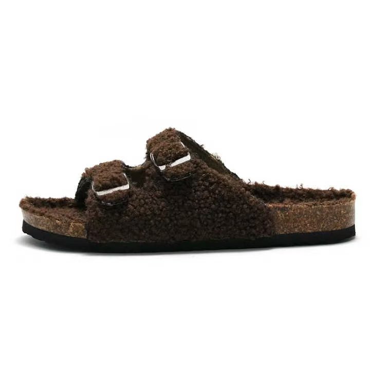 Custom Fashion Luxury Women's Suede Cork Fur Buckle Casual Clogs; Anti-slip Comfortable Slides Slippers Beach Sandals for Women