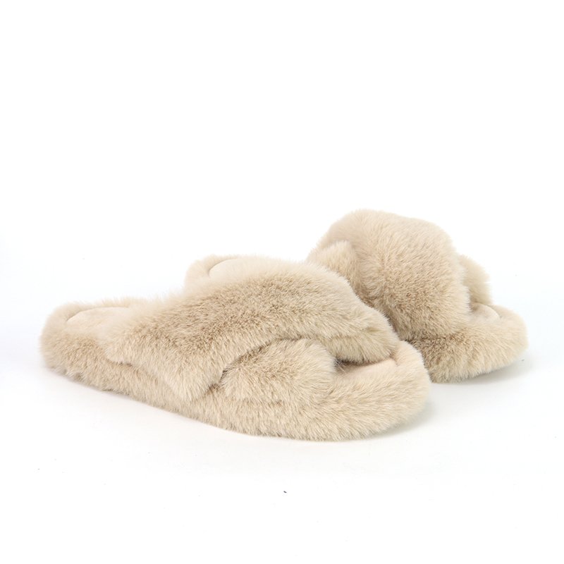 Custom Women's Soft Memory Foam Plush Furry Open Toe Home Camel Fluffy Faux Fur Slides Slippers