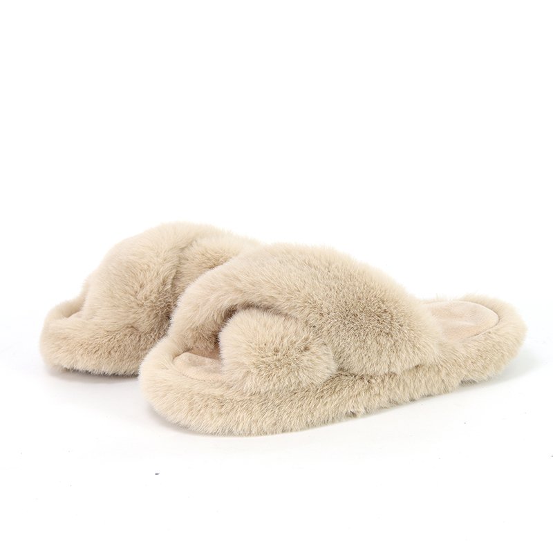 Custom Women's Soft Memory Foam Plush Furry Open Toe Home Camel Fluffy Faux Fur Slides Slippers