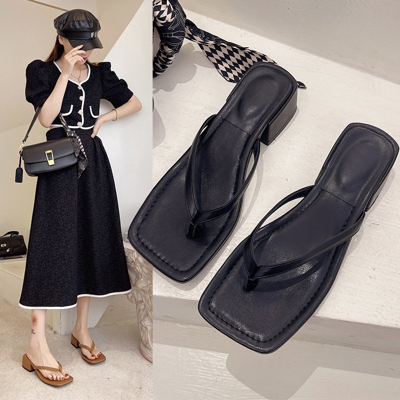 Hot selling women flip flops sandal blocked heels ladies shoes slides Women's flip flop high heel sandals square shoes slipper