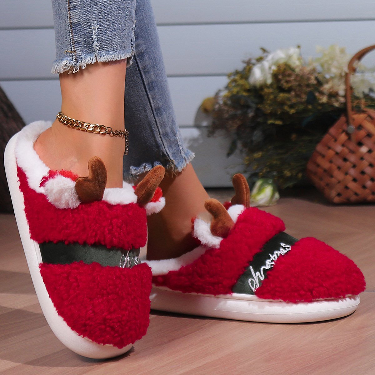 Winter Women Shoes Christmas Elk Cotton Slippers 2024 Home Slippers Indoor House Warm Plush Slippers