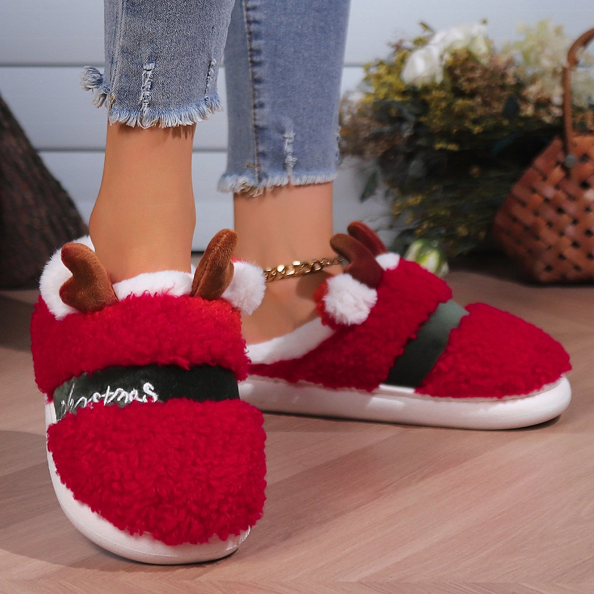 Winter Women Shoes Christmas Elk Cotton Slippers 2024 Home Slippers Indoor House Warm Plush Slippers