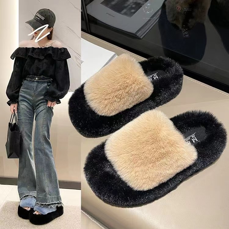 Thick Soled Soft Fluffy Plush Fashion Fur Home Furry Indoor Slide Slipper With A Soft Bottom