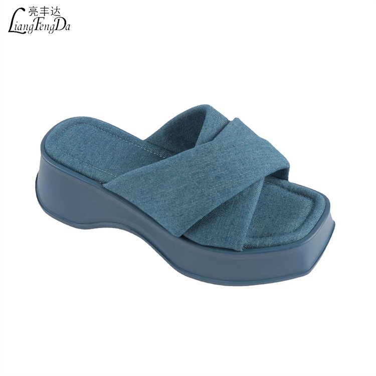 Slides Platform Sandals for Women Square Toe Chunky Wedges Ladies Slippers Heel Protection New Custom Logo Denim PVC 600 Pairs