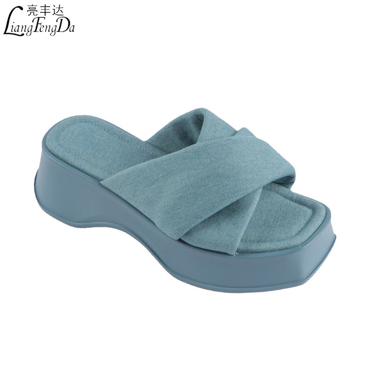 Slides Platform Sandals for Women Square Toe Chunky Wedges Ladies Slippers Heel Protection New Custom Logo Denim PVC 600 Pairs