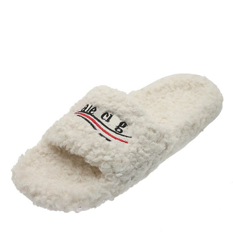 Women Platform Slippers Furry Slide with embroidery