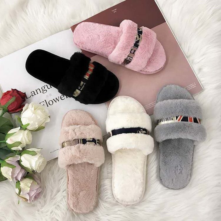 Good price Autumn and winter dusty pink non-slip flat beach sandals women's shoes plushrthick-soled plush flip flop
