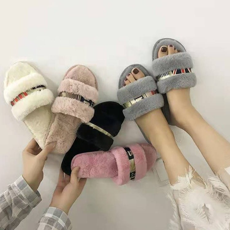 Good price Autumn and winter dusty pink non-slip flat beach sandals women's shoes plushrthick-soled plush flip flop