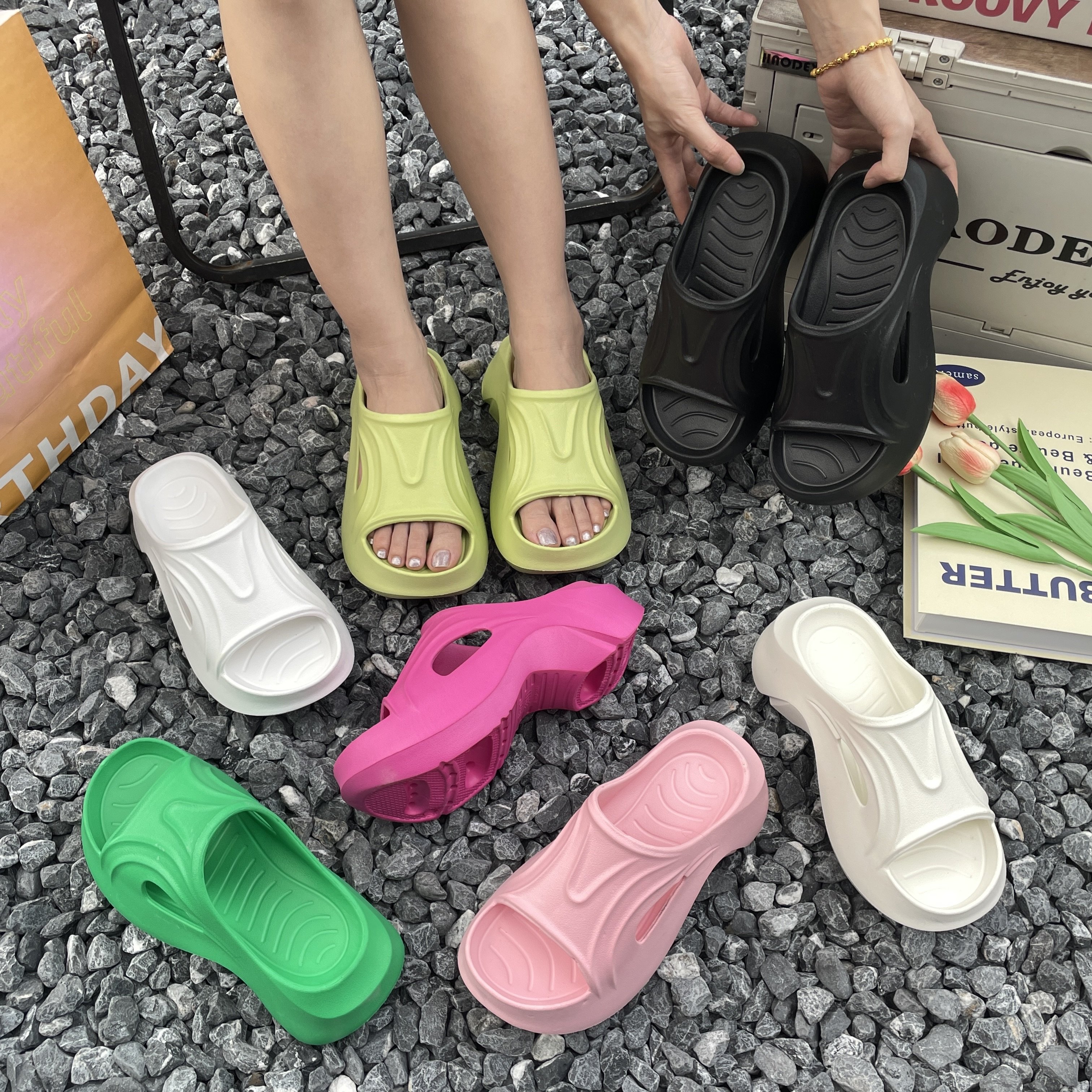 OEM Logo Fashion Women Wedge Slides Slipper With 7cm High Heels Lady Shoes Summer Beach Platform Sandals in Stock