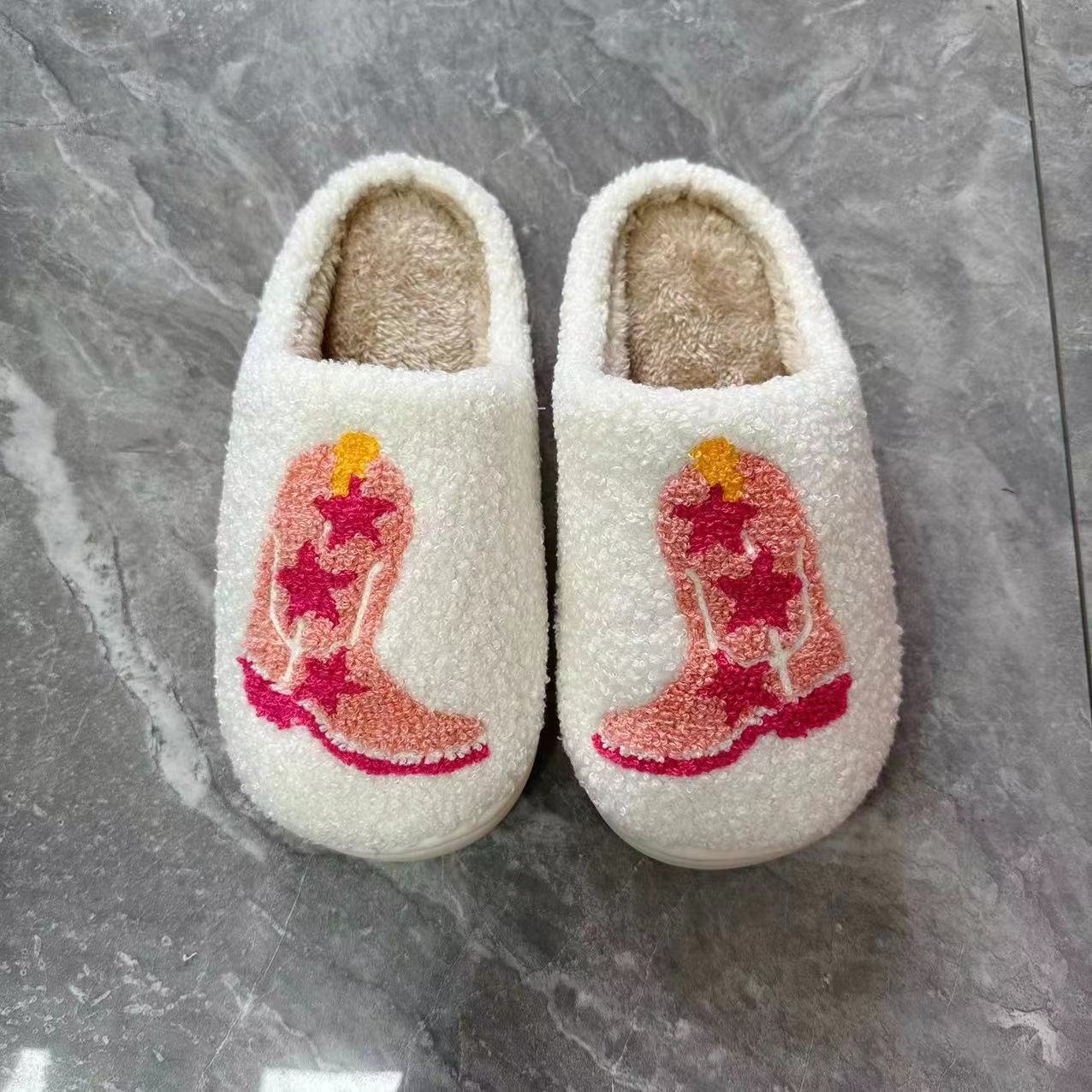 Home winter warm Plush anti slip smiling face boots printed cotton embroidery slide slippers