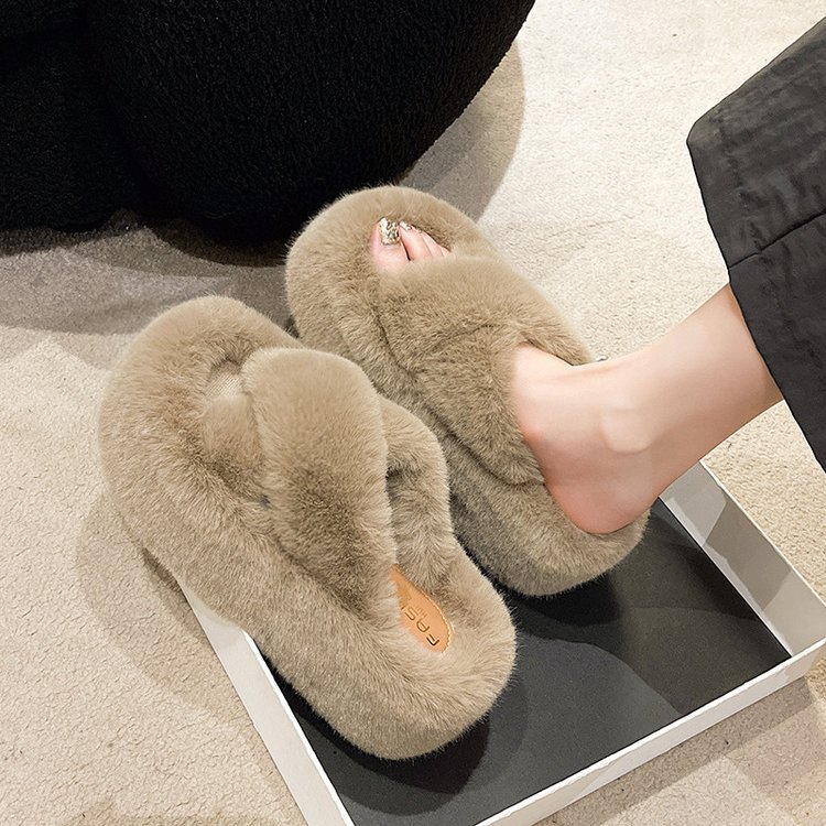 High Soles Thick Flat Furry Fur Slides Slippers Soft Warm Sandals For Women