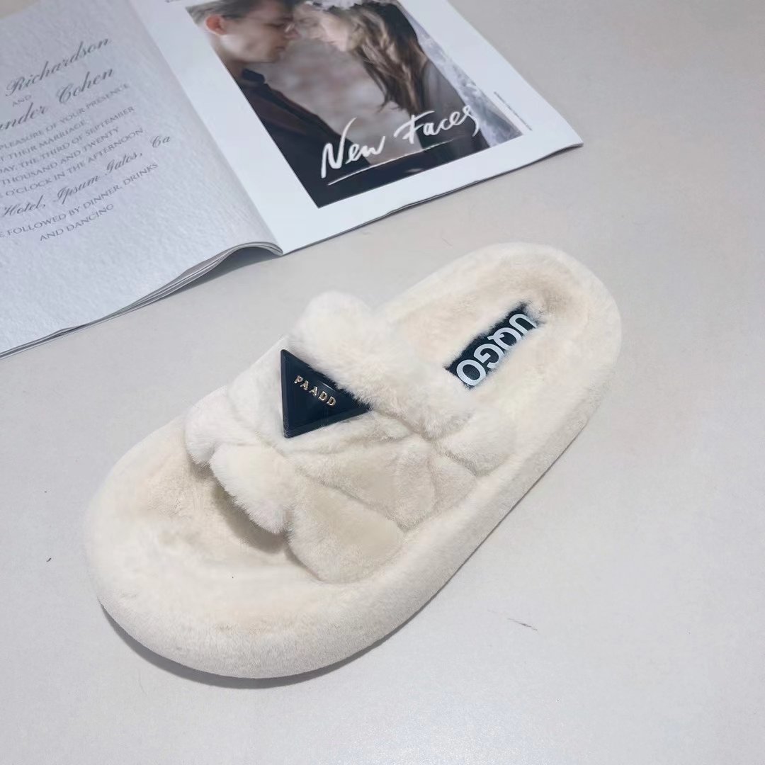Fluffy Fuzzy Slippers Fur Open Toe Fur Winter Wear Flat-Bottomed Warm Slides Slippers