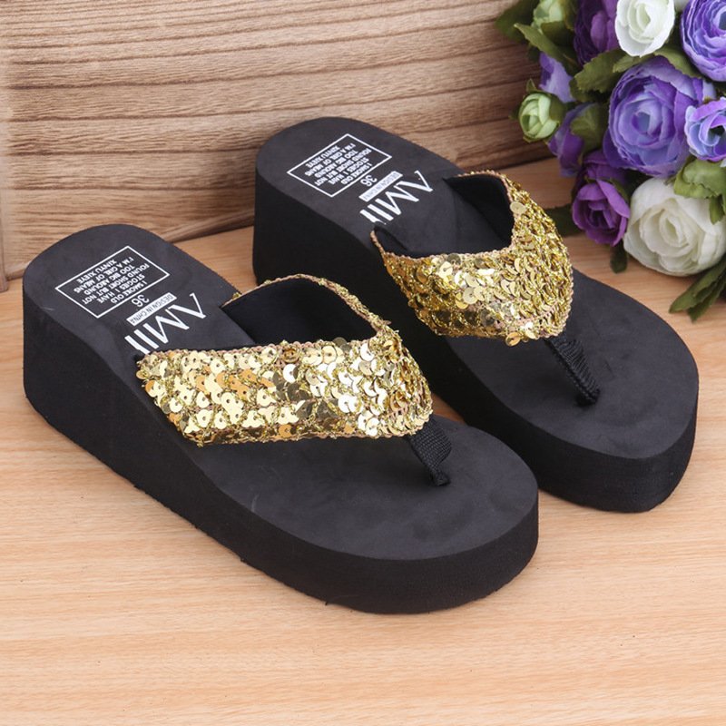 Womens Shoes Sequin Thong Wedge Heel Flip Flop Sandal Shoes Girls Slipper