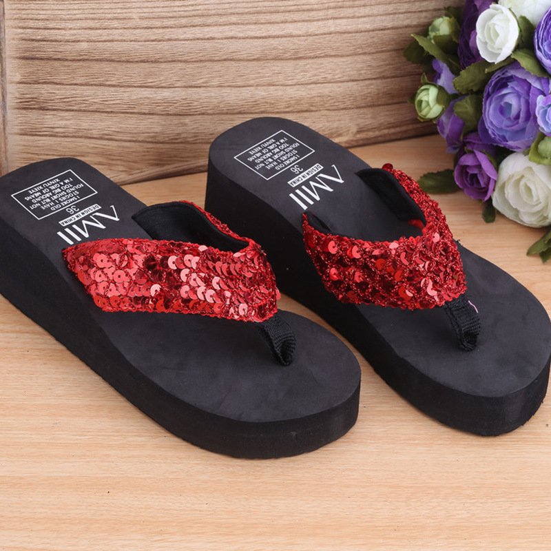 Womens Shoes Sequin Thong Wedge Heel Flip Flop Sandal Shoes Girls Slipper