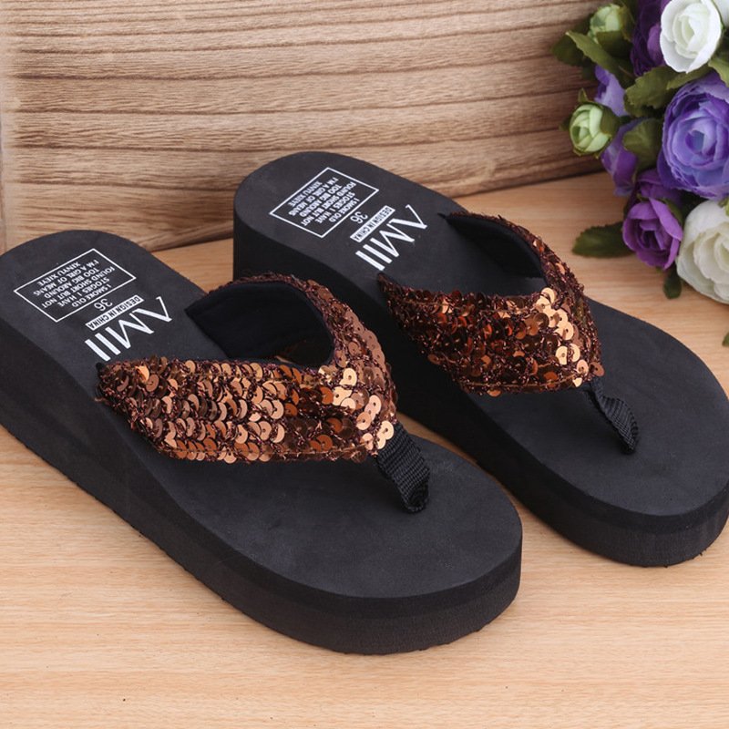 Womens Shoes Sequin Thong Wedge Heel Flip Flop Sandal Shoes Girls Slipper
