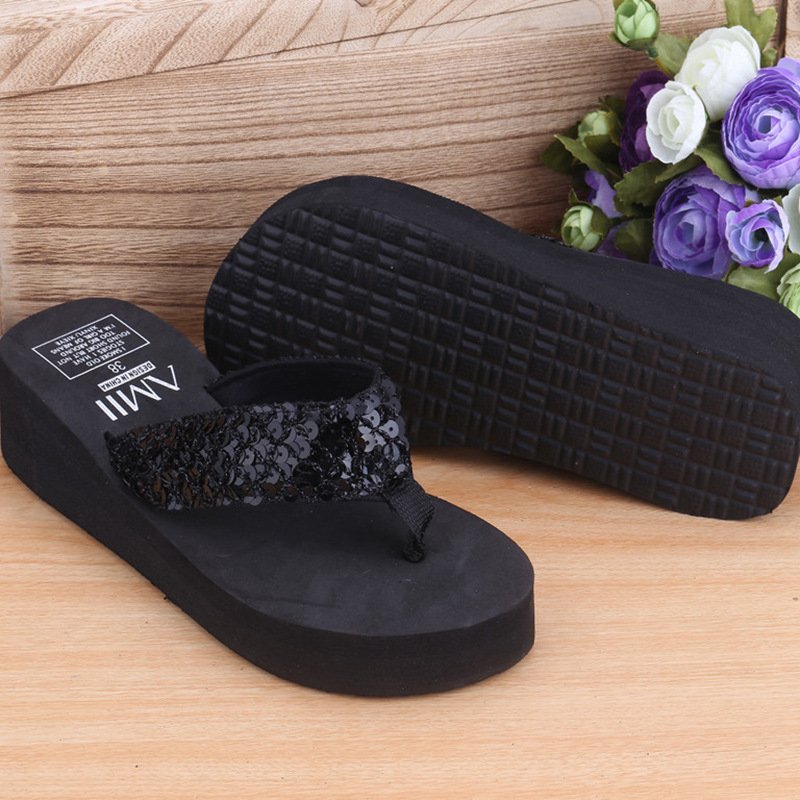 Womens Shoes Sequin Thong Wedge Heel Flip Flop Sandal Shoes Girls Slipper