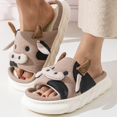 2024 New Cartoon Linen Slippers Wholesale Cute Cow Slippers Men's Shoes Slides Slippers Walking Style Shoes Women