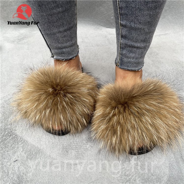 2023 Dropshipping Custom Colorful Full Racoon/Fox Fur Slides Slippers For Women And Kids