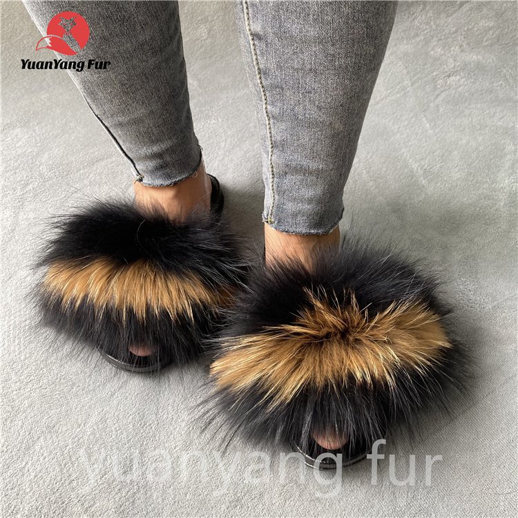 2023 Dropshipping Custom Colorful Full Racoon/Fox Fur Slides Slippers For Women And Kids